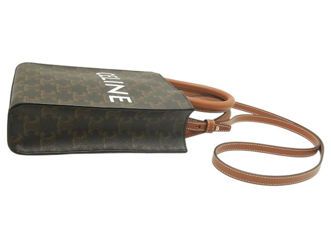 Céline Celine Borsa Tote Verticale Mini Triomphe in Tela Cerata Marrone Marrone scuro - vista 3