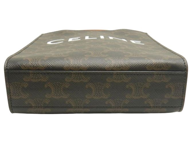 Céline Celine Borsa Tote Verticale Mini Triomphe in Tela Cerata Marrone Marrone scuro - vista 4