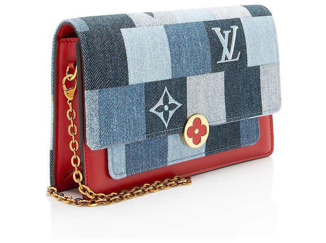 Louis Vuitton Limited Edition Denim Patchwork Flore Chain Wallet Blu - vista 2