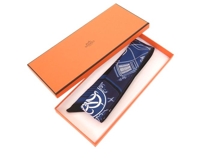 Hermès Hermes Twilly Ex-Libris Marine Schal Schwarz Weiß Blau - Ansicht 2
