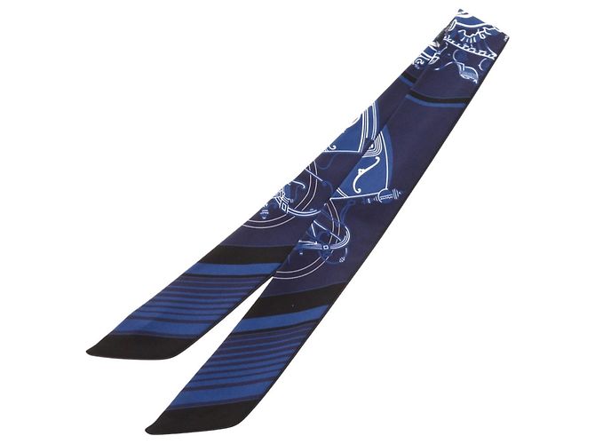 Hermès Hermes Twilly Ex-Libris Marine Schal Schwarz Weiß Blau - Ansicht 3