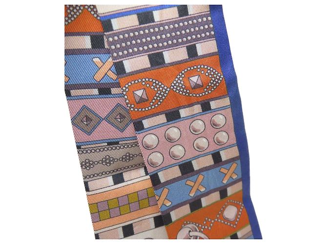 Hermès Twilly Schal aus Seide Beige Navy Blau Marineblau - Ansicht 6