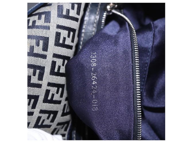 FENDI Zucchino Canvas Mamma Baguette Bolso de Hombro Navy Silver Auth 185146SAV Plata Azul marino - vista 11