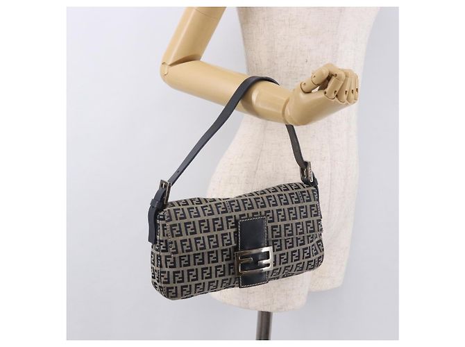 FENDI Zucchino Canvas Mamma Baguette Bolso de Hombro Navy Silver Auth 185146SAV Plata Azul marino - vista 27