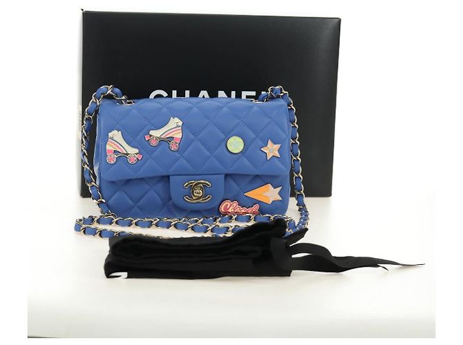 CHANEL Mini Matelasse 20 Chain Shoulder Bag Lamb Skin Blue Gold CC Auth 183794SM Bleu Doré - vue 12