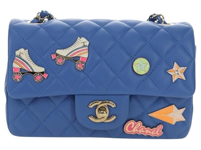 CHANEL Mini Matelasse 20 Chain Shoulder Bag Lamb Skin Blue Gold CC Auth 183794SM Bleu Doré - vue 13