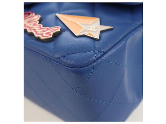 CHANEL Mini Matelasse 20 Chain Shoulder Bag Lamb Skin Blue Gold CC Auth 183794SM Bleu Doré - vue 15