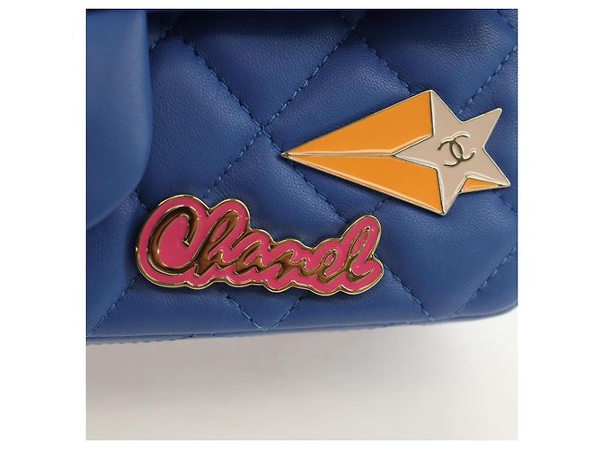 CHANEL Mini Matelasse 20 Chain Shoulder Bag Lamb Skin Blue Gold CC Auth 183794SM Bleu Doré - vue 18
