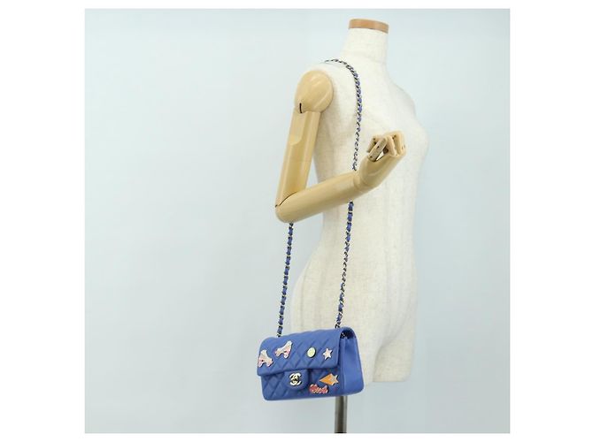 CHANEL Mini Matelasse 20 Chain Shoulder Bag Lamb Skin Blue Gold CC Auth 183794SM Bleu Doré - vue 30