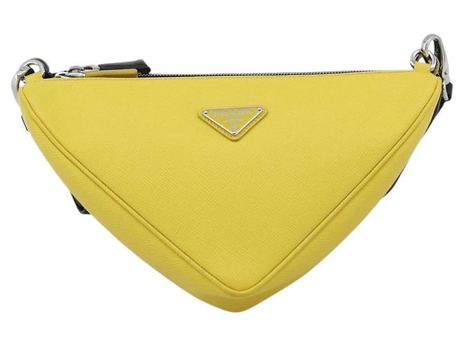Borsa a Spalla PRADA Triangle in Pelle Nera e Gialla Auth ka4743SM Nero Giallo - vista 13