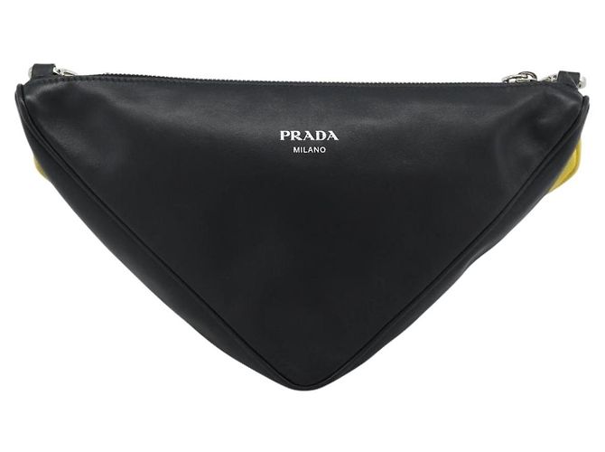 Borsa a Spalla PRADA Triangle in Pelle Nera e Gialla Auth ka4743SM Nero Giallo - vista 2