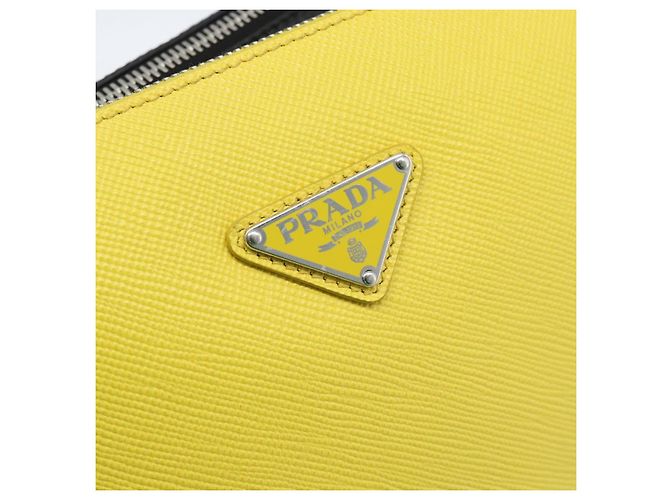 Borsa a Spalla PRADA Triangle in Pelle Nera e Gialla Auth ka4743SM Nero Giallo - vista 23