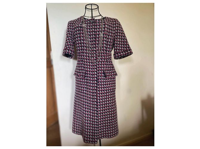 Vestido Chanel de tweed geométrico Gris Burdeos Azul oscuro - vista 2