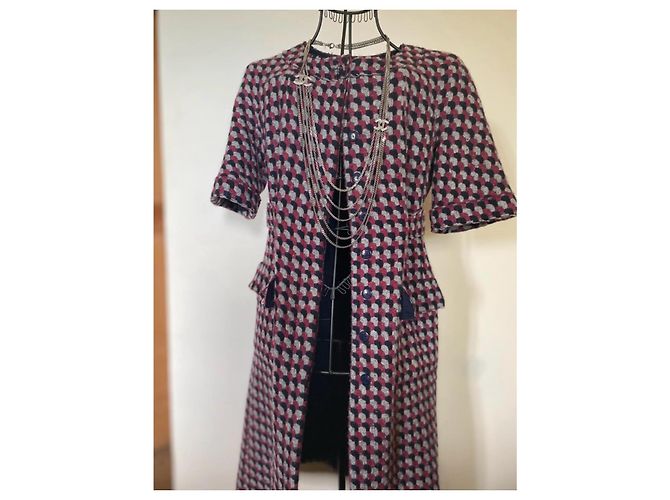 Vestido Chanel de tweed geométrico Gris Burdeos Azul oscuro - vista 3