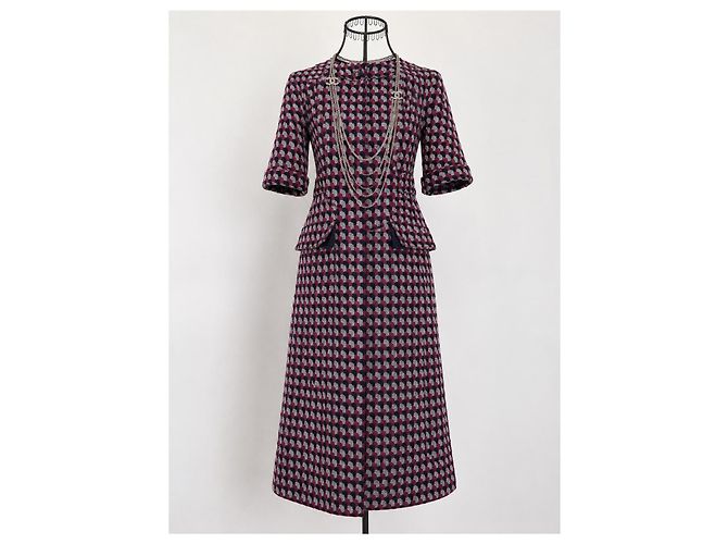 Vestido Chanel de tweed geométrico Gris Burdeos Azul oscuro - vista 8