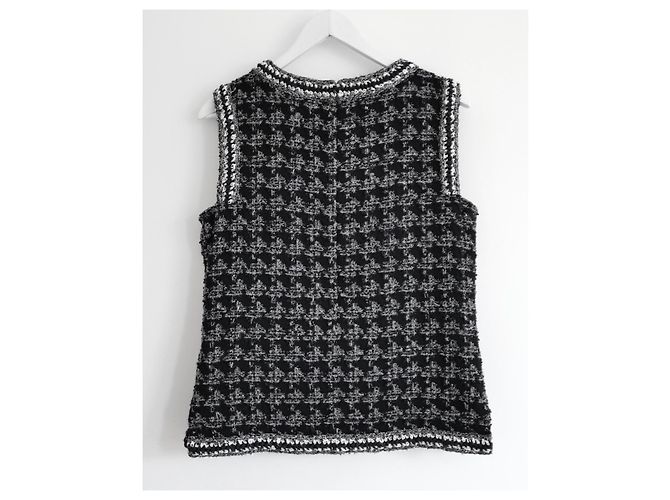 Chanel Top sin mangas de tweed de pata de gallo Fall 2017 Negro Plata - vista 4