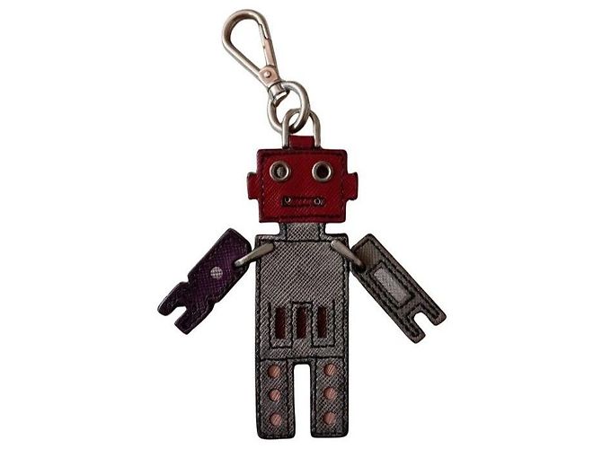 Prada Portachiavi Robot in Pelle Saffiano Rosso Grigio Silver hardware - vista 5