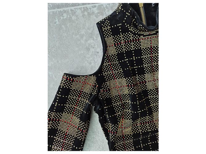 Balmain Abito corto a quadri con borchie Nero Rosso D'oro - vista 3