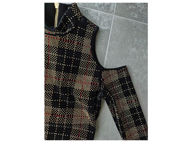 Balmain Abito corto a quadri con borchie Nero Rosso D'oro - vista 4
