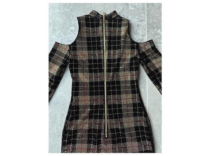 Balmain Abito corto a quadri con borchie Nero Rosso D'oro - vista 7