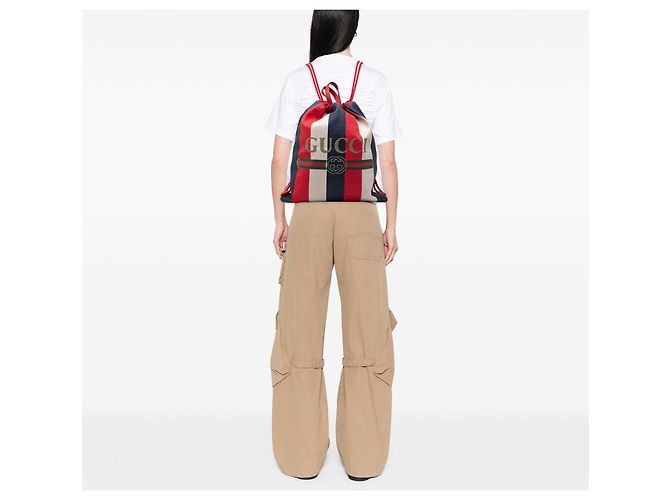 Gucci Red Canvas Sylvie Baiadera Web Drawstring Backpack - view 7