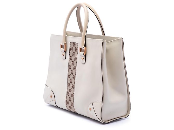 Tote Nailhead em couro de vitelo branco e canvas GG Gucci Cru - vista 2