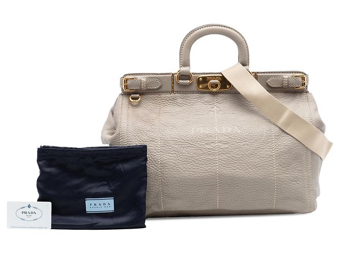 Bolso Prada Gray Vitello Daino Canapa Logo Frame Castaño Gris - vista 7