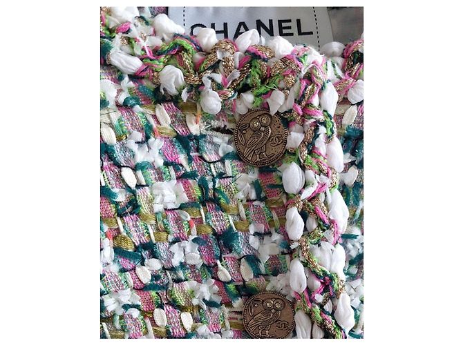 Chanel Multicolor Tweed-Jacke mit Eulen-Knöpfen Pink Weiß Mehrfarben Grün Hellblau Gold hardware - Ansicht 7