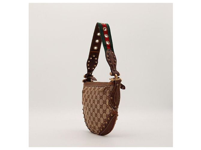 Gucci Borsa Hobo in Tela Monogram con Borchie Marrone - vista 2