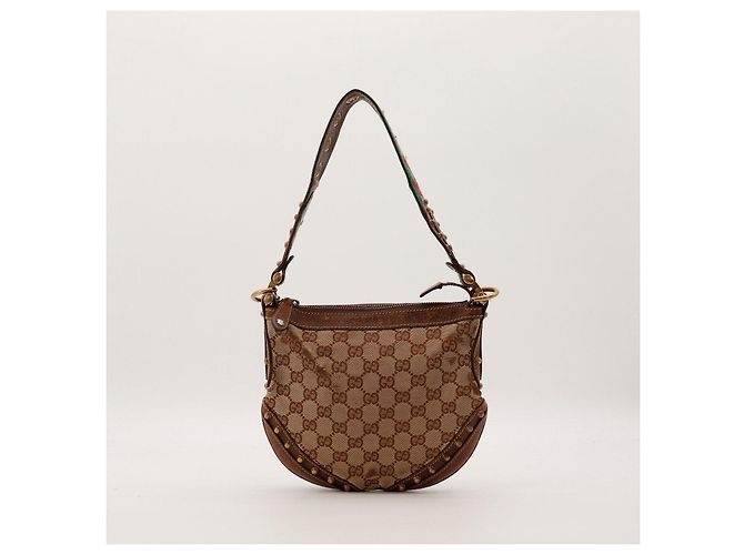 Gucci Borsa Hobo in Tela Monogram con Borchie Marrone - vista 3
