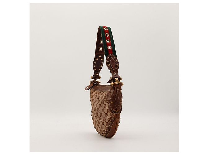 Gucci Borsa Hobo in Tela Monogram con Borchie Marrone - vista 4