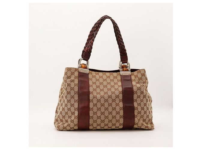 Gucci Borsa Tote GG Monogram in Tela e Pelle Marrone Beige - vista 3