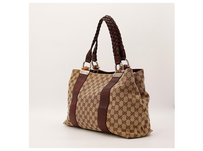 Gucci Borsa Tote GG Monogram in Tela e Pelle Marrone Beige - vista 4