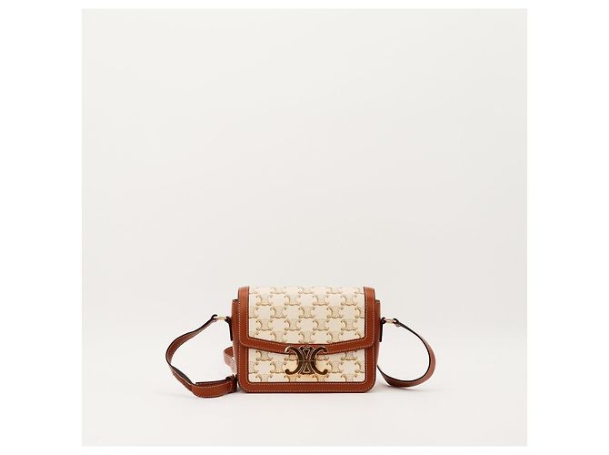 Céline Piccola Borsa Triomphe in Tela e Pelle di Vitello Marrone Beige - vista 2