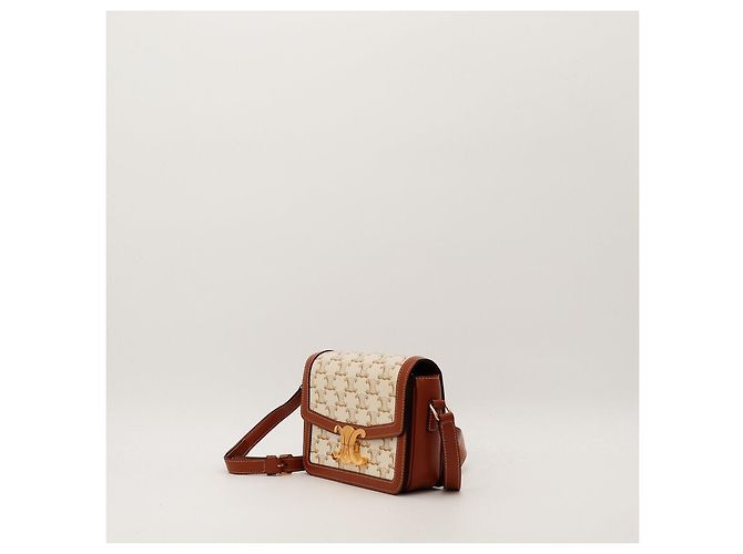 Céline Piccola Borsa Triomphe in Tela e Pelle di Vitello Marrone Beige - vista 3