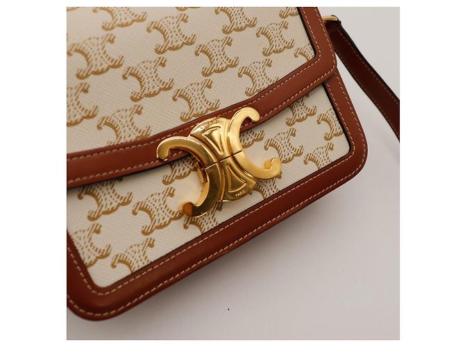 Céline Piccola Borsa Triomphe in Tela e Pelle di Vitello Marrone Beige - vista 7