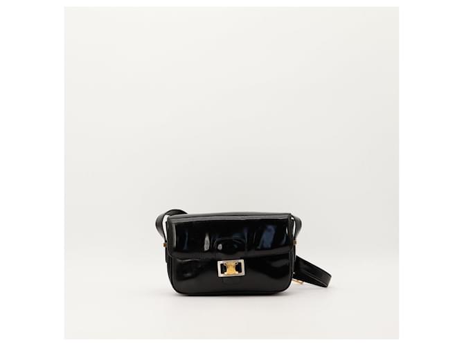 Céline Celine Triomphe Borsa a tracolla in pelle vernice nera Nero - vista 2