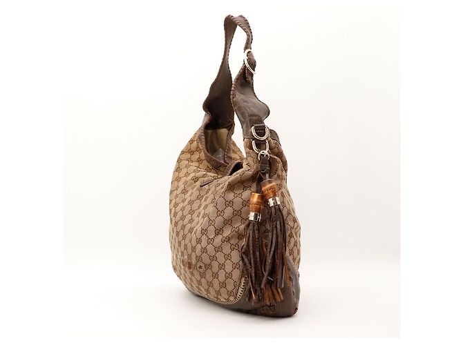 Gucci Borsa Hobo in Tela Monogramma GG e Bambù Marrone - vista 4