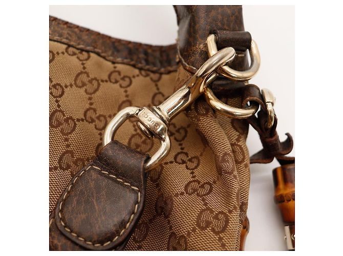 Gucci Borsa Hobo in Tela Monogramma GG e Bambù Marrone - vista 9