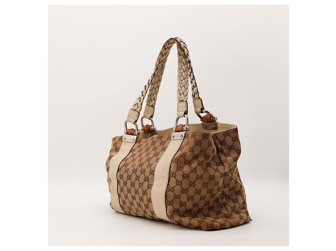 Gucci Monogram Canvas Bamboo Handle Tote Bag Brown Beige - view 3