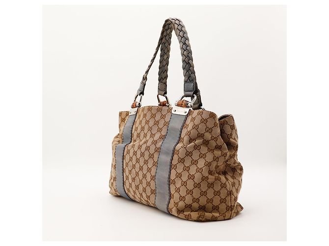 Gucci Borsa Shopper Monogram Canvas Bamboo Marrone Grigio - vista 2