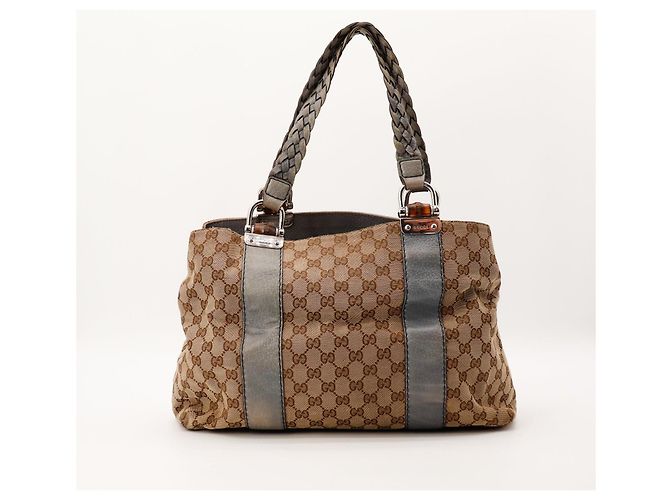 Gucci Borsa Shopper Monogram Canvas Bamboo Marrone Grigio - vista 3