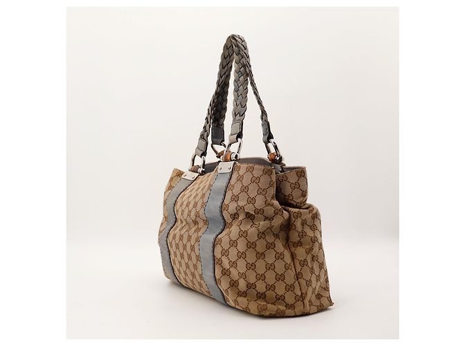 Gucci Borsa Shopper Monogram Canvas Bamboo Marrone Grigio - vista 4