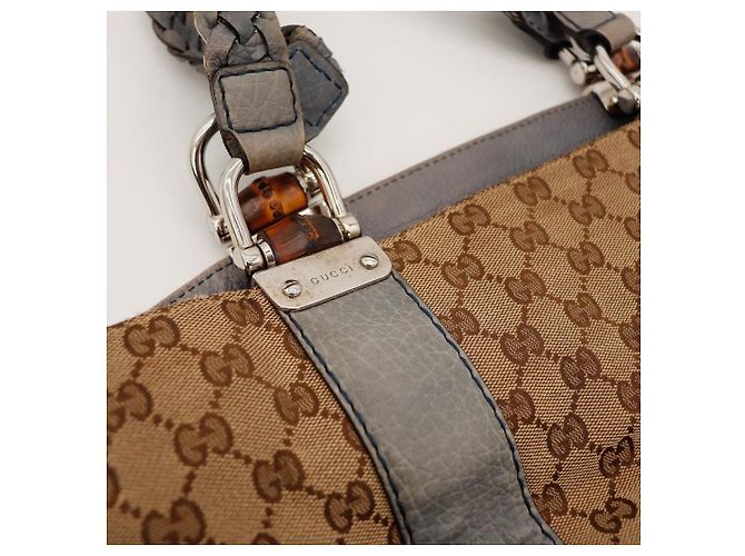 Gucci Borsa Shopper Monogram Canvas Bamboo Marrone Grigio - vista 6