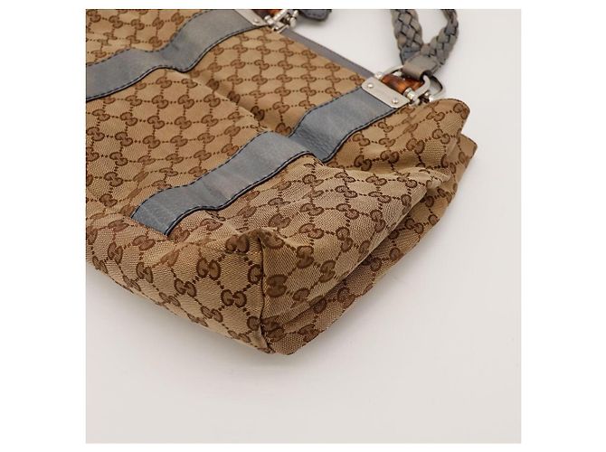 Gucci Borsa Shopper Monogram Canvas Bamboo Marrone Grigio - vista 7