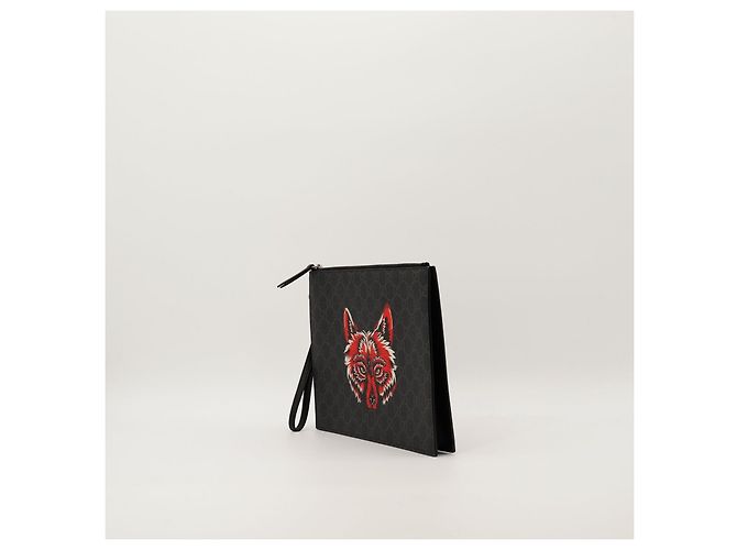 Gucci Pochette Monogramma Stampa Lupo Nero Rosso - vista 2