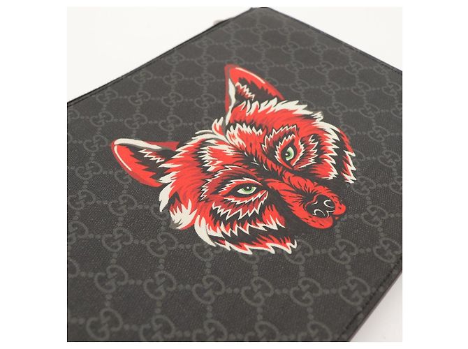 Gucci Pochette Monogramma Stampa Lupo Nero Rosso - vista 5