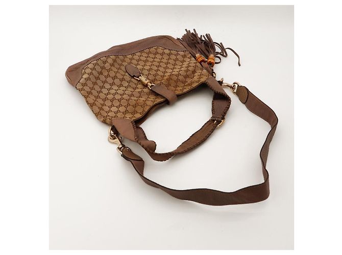 Gucci Borsa Hobo Monogram con Nappa in Bambù Marrone - vista 11