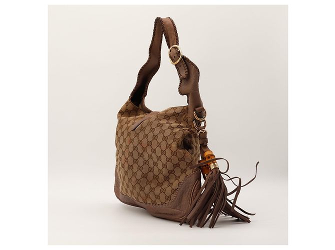 Gucci Borsa Hobo Monogram con Nappa in Bambù Marrone - vista 4