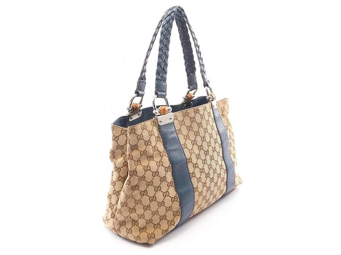 Borsa Tote Gucci Bamboo GG Canvas Blu Beige - vista 2
